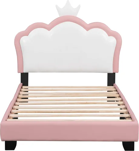 Miniatura 4 de Bonita cama de princesa tapizada de tamaño individual con cabecera corona, plataforma de piel sintética rosa para niños y niñas, no requiere somier