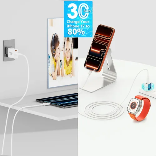 Miniatura 9 de [Certificado MFi de Apple] Cargador para iPhone 17 de carga rápida, Linocell 4 unidades de 60 W, cargador USB C de doble puerto, adaptador de Blanco