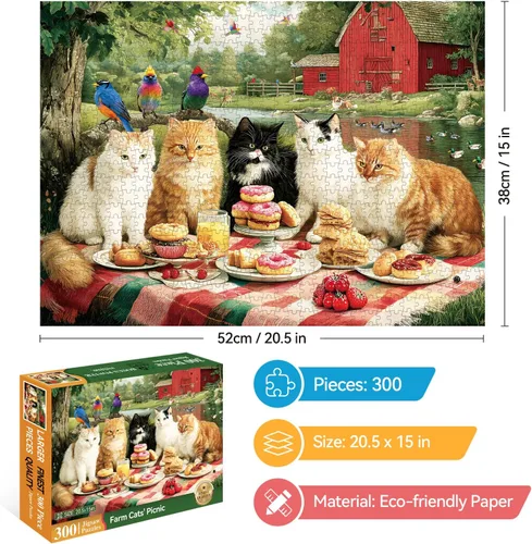 Miniatura 2 de Rompecabezas de 300 piezas para adultos, rompecabezas de 300 piezas para adultos pieza grande, rompecabezas de gatos haciendo picnic divertido