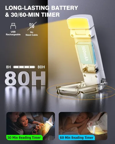 Miniatura 4 de Paquete de 2 luces de libro para leer por la noche, luz recargable por USB para leer en la cama, luz de lectura LED portátil con clip, temporizador