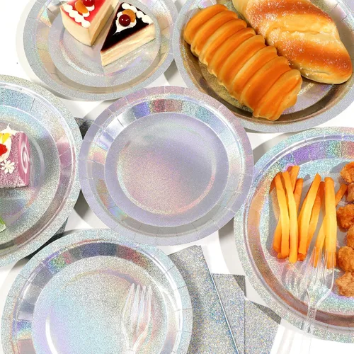 Miniatura 5 de Juego de vajilla de mesa holográfica de lámina brillante, platos iridescentes, servilletas, vajilla láser iridescente, platos desechables