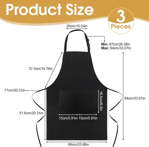 Miniatura 2 de Paquete de 3 delantales negros para mujer con bolsillos, delantal de cocina ajustable resistente al agua, babero unisex para chef, hombres y mujeres