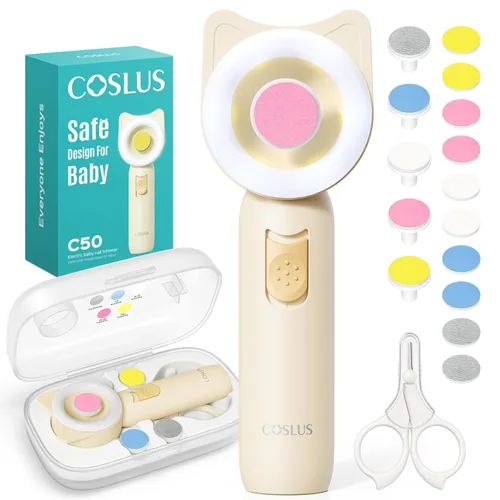 COSLUS Lima de uñas para bebé, cortadora de uñas eléctrica para bebé, cortaúñas para bebé, suave, silenciosa con luz de 360°, segura para el lijado