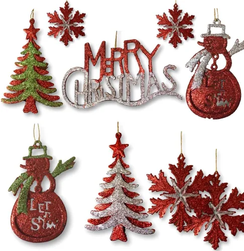 Surtido de adornos de Navidad – Purpurina roja plateada y verde – Juego de 13 adornos de Navidad con purpurina – Muñecos de nieve – Feliz Navidad –