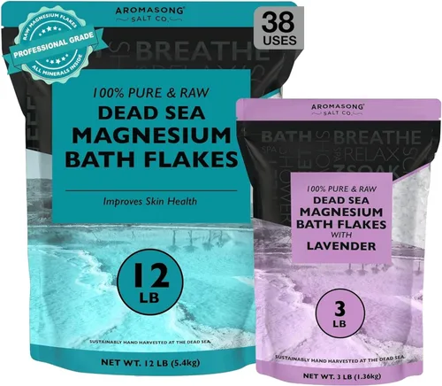 Aromasong Copos de magnesio del mar muerto, paquete resellable de 12 libras con copos de magnesio de 3 libras con lavanda 100% natural para