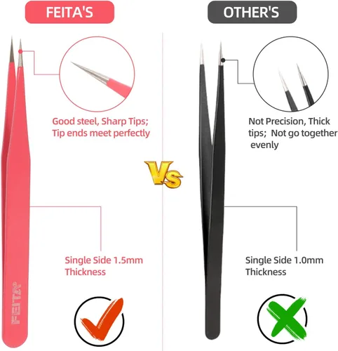 Miniatura 5 de FEITA Juego de pinzas rosadas de precisión para manualidades, puntas de acero inoxidable mejoradas, curvas, falt Twizers para manualidades, cuentas