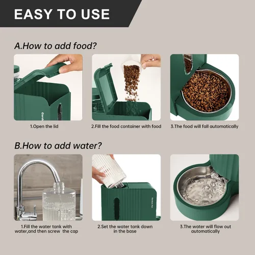 Miniatura 6 de Gardner Pet - Comedero automático para gatos por gravedad y dispensador de agua de acero inoxidable, juego dos en uno de gran capacidad para Verde
