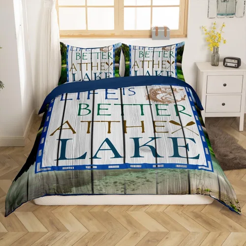 Miniatura 10 de Erosebridal Juego de ropa de cama individual con diseño de peces de lubina, la vida es mejor en el lago, funda de edredón para niños y niñas, funda
