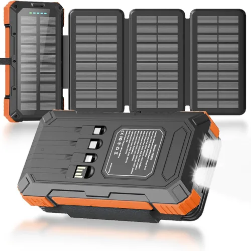 Cargador Solar Power Bank 49800mAh con 4 Cables Integrados y 4 Paneles Plegables, Cargador de Teléfono Portátil Rápido PD22.5W, Paquete de Batería