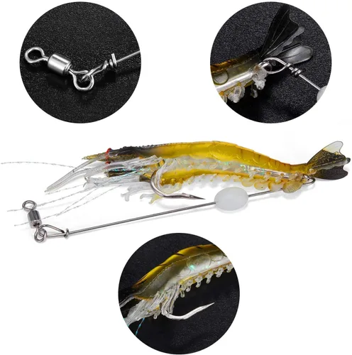 Miniatura 4 de Señuelos de pesca para camarones de silicona artificial, set de cebo suave luminoso Swimbait Señuelo de pesca con ganchos, aparejos de pesca de agua