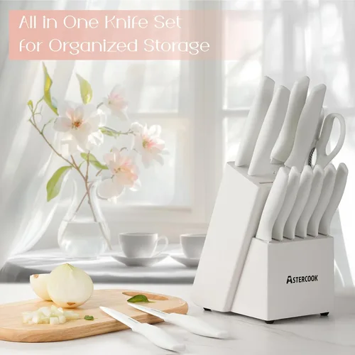 Miniatura 8 de Astercook Juego de cuchillos para cocina, 15 piezas con bloque y afilador, cuchillos de cocina con revestimiento de cerámica, hoja afilada, aptos