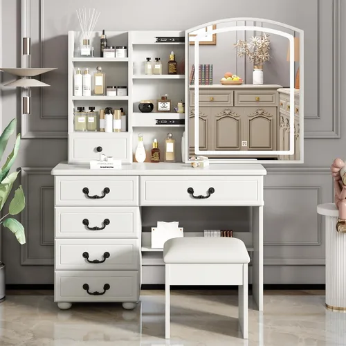 Miniatura 18 de Montary Escritorio de tocador de maquillaje con espejo y luces, juego de mesa de tocador blanca con 5 cajones, espejo deslizante, estantes