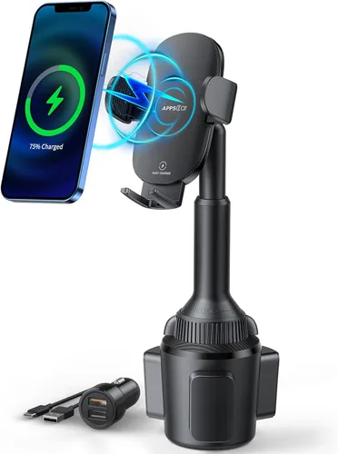 APPS2Car Soporte para teléfono cargador inalámbrico para automóvil, soporte de coche de carga rápida Qi de 15 W, brazo largo ajustable y rotación de