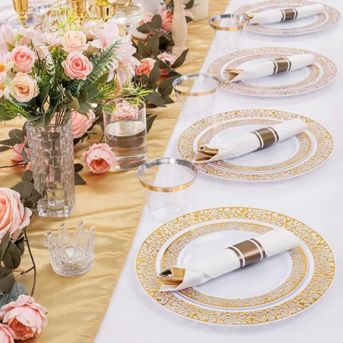 Miniatura 6 de DaYammi 210 platos de plástico dorados, juegos de vajilla de plástico dorado, incluye: 30 platos llanos, 30 platos de ensalada, 30 servilletas Y oro.