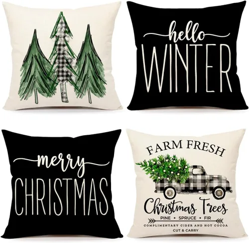 4TH Emotion Juego de 4 fundas de almohada de Navidad de 18 x 18 pulgadas gris y negro, decoraciones rústicas de Navidad para el hogar, árbol de