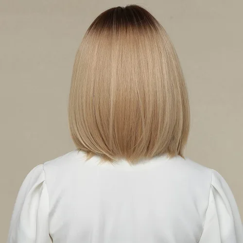 Miniatura 5 de HAIRCUBE Peluca corta estilo Bob rubio ceniza ombré con raíz oscura con flequillo, pelucas sintéticas hasta el hombro para mujer