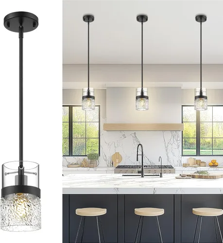 Miniatura 20 de LMS Paquete de 2 Luces Colgantes Modernas, Luz Colgante Dorada Cepillada para Isla de Cocina con Vidrio Martillado, Lámparas Colgantes Ajustables