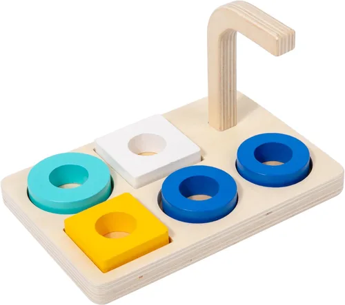 Adena Montessori Anillo de apilamiento y clasificación de madera, anillos de madera en clavija, coloridas 5 formas en clavija curvada, variación de