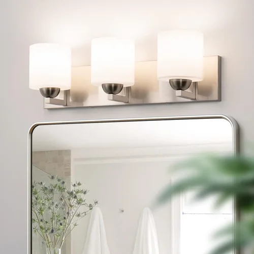 Miniatura 13 de mirrea Lámpara de tocador negra de 1 luz para espejo, aplique de pared de baño con pantallas de vidrio blanco esmerilado