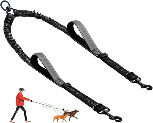 Miniatura 8 de Correa doble para perro, divisor sin enredos para dos perros, acoplador con cuerda de plomo larga ajustable, asas de control dual, elástico
