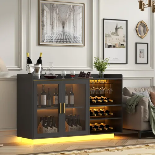 Miniatura 4 de Gabinete de barra de vino Loomie con luces LED, barra de café flotante con estante de vidrio y estantes de vino removibles, aparador buffet moderno