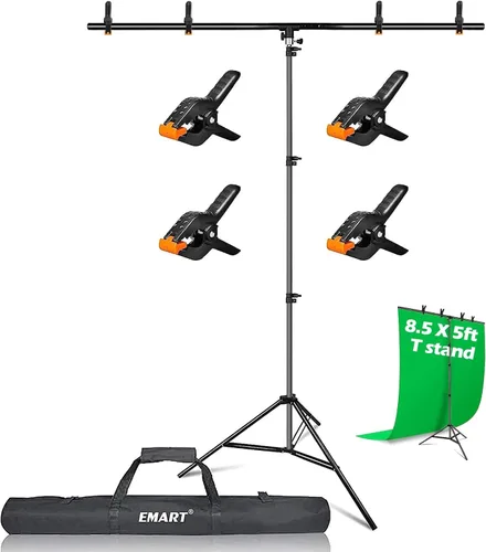 EMART Kit de soporte de fondo portátil en forma de T de 8.5 x 5 pies con marco ajustable, 4 abrazaderas de resorte y bolsa de transporte para