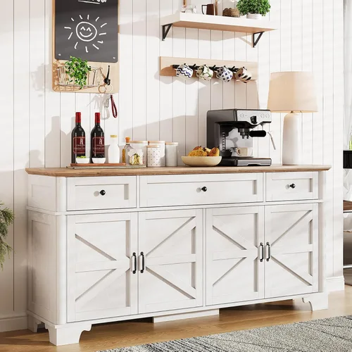 BestHaped Armario de buffet de granja de 65 pulgadas con almacenamiento, aparador blanco con estantes ajustables y 3 cajones, mesa de buffet,