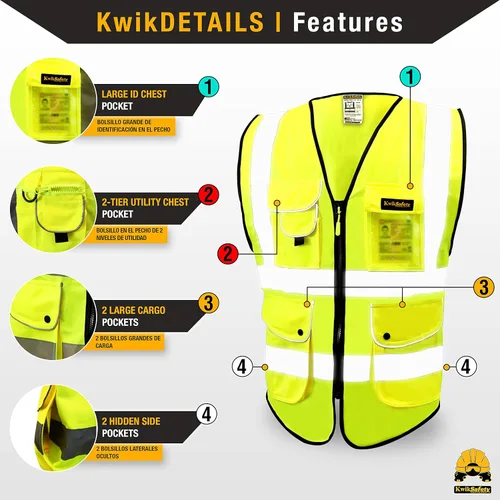 Miniatura 4 de KwikSafety - Charlotte, NC - Chaleco de seguridad superior [9 bolsillos únicos y ribete reflectante de bolsillo] Clase 2 ANSI probado OSHA