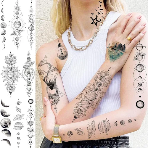Miniatura 2 de NEZAR - 6 hojas con tatuajes temporales e impermeables, con diseño de planetas geométricos en 3D, estrellas y luna, montaña, para el antebrazo