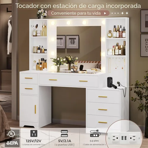 Miniatura 4 de Hasuit Juego de tocador grande de 48.8'' con espejo iluminado y toma de corriente, mesa de maquillaje blanca con 6 cajones, 4 estantes y 1 gabinete