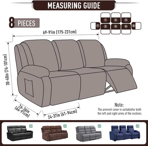 Miniatura 5 de TAOCOCO Fundas para sofá reclinable, 8 piezas, fundas elásticas para sofá grande de 3 asientos, fundas reclinables, protector de muebles