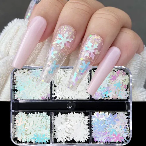 Miniatura 5 de Lentejuelas con purpurina de copo de nieve, 6 rejillas holográficas de Navidad, diseño de uñas de Navidad, diseño de uñas de invierno, Navidad