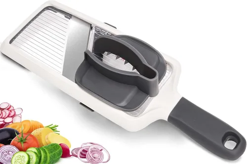 Cortador de mandolina para cocina, hoja de acero inoxidable ajustable, cortador de verduras, cortador de verduras con agarre antideslizante, gris
