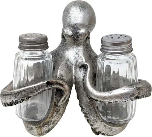 BestGiftEver Juego de salero y pimentero náutico con soporte de pulpo plateado, decoración temática de playa, para entusiastas de la decoración del