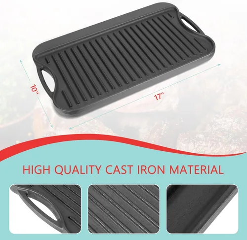 Miniatura 2 de Plancha reversible de hierro fundido 2 en 1 para parrilla de gas, sartén superior plana para estufa de gas, sartén superior para horno pre-sazonado