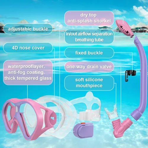 Miniatura 5 de Gintenco Equipo de esnórquel para niños, juego de esnórquel para niños de 6 a 14 años, gafas de natación de vidrio templado antivaho antifugas