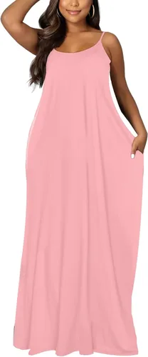Miniatura 3 de OFEEFAN - Maxivestido de verano para mujer, diseño con tirantes delgados y bolsillos.