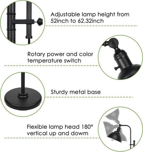 Miniatura 4 de Lámpara de pie industrial Coucrek, lámparas rústicas de 3 temperaturas de color en bronce envejecido, altura ajustable y luces de lectura