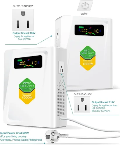 Miniatura 2 de Transformador de 220 V a 110 V de 1000 W, convertidor de voltaje de energía sin ruido, con diez funciones de protección, adecuado para máquinas