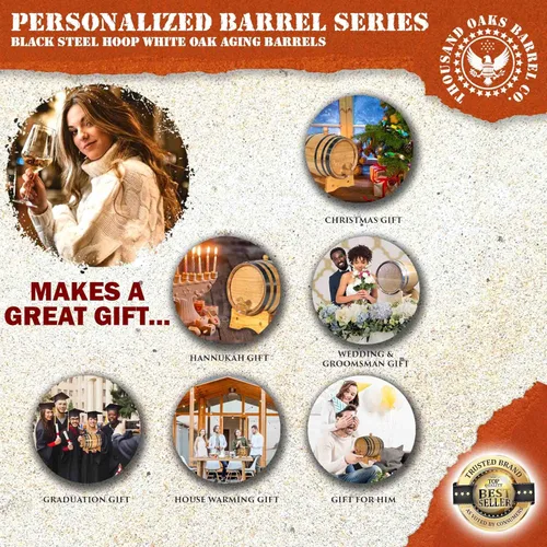 Miniatura 5 de Dispensador personalizado de barril de vino de roble de 5 litros (1 galón) con soporte de madera, bung y espiga, mini barriles de envejecimiento