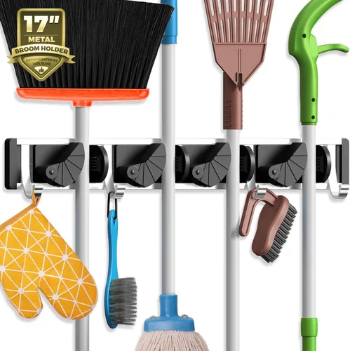 Holikme Soporte para Escobas y Fregonas de Pared, Organizador de Metal para Despensa y Almacenamiento, Organizador de Herramientas de Cocina y Negro