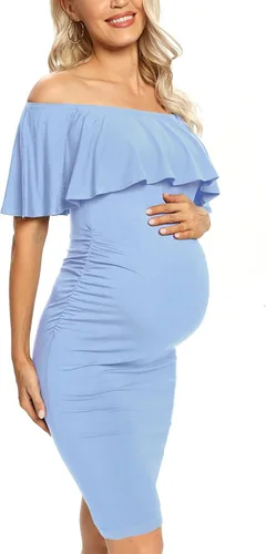 Miniatura 4 de Vestido de maternidad ajustado con volantes y hombros descubiertos, vestido de embarazo formal para baby showerfotografía