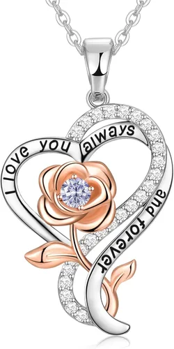 Collar de corazón de rosa para mujer, collares de plata de ley 925 para mujer, collares de piedra natal, regalos para mujeres, regalos de cumpleaños