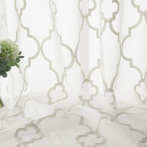 Miniatura 6 de Cortinas traslúcidas beige y blancas para dormitorio, 84 pulgadas, con bordado geométrico marroquí, marfil, paneles de cortina semitransparentes