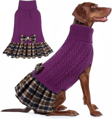 Miniatura 22 de KYEESE Suéter de punto grueso para perro, vestido de suéter para mascotas con corbatín, abrigos elásticos para mascotas, suéter suave para perros