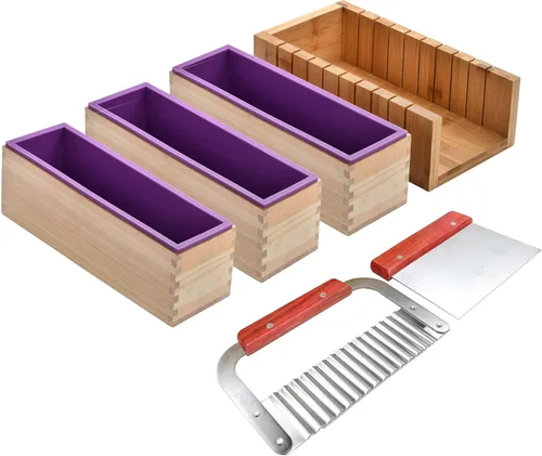 Soap Molds with Bamboo Cutting Box and 3 PCS Silicone and Wood Loaf Bar Molds Box, Stainless Steel Straight Cutter and Wavy Cutter, Soap Making