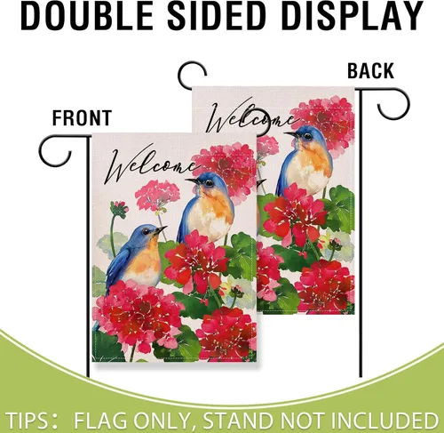 Miniatura 3 de Artofy Bandera decorativa pequeña de jardín con flores de geranio para primavera y verano, decoración exterior de arpillera de temporada, decoración