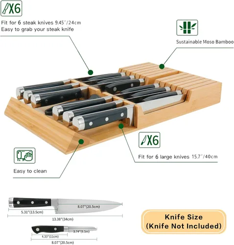 Miniatura 3 de Utoplike - Bloque de cuchillos de bambú para cajones de cocina, organizador y soporte para cuchillos, incluye soporte para cuchillos de bistec, sin