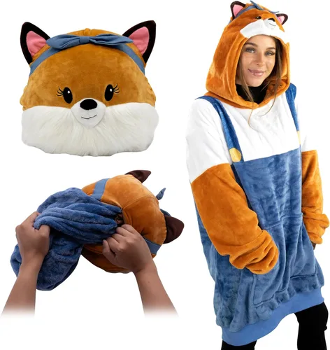 Miniatura 16 de Plushible Manta con Capucha Portátil, Sudadera con Capucha de Gran Tamaño de 2 en 1, Bolsillo de Manga Larga, Regalo Acogedor para las Fiestas, Palta