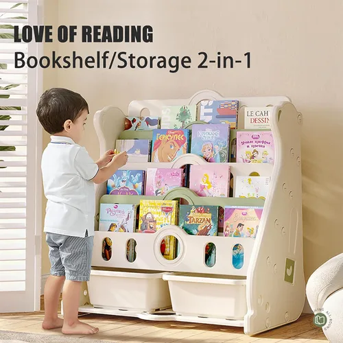 Miniatura 4 de Estantería infantil y almacenamiento de juguetes para niños pequeños, estantería blanca de 4 niveles para dormitorio/guardería/aula, estantería